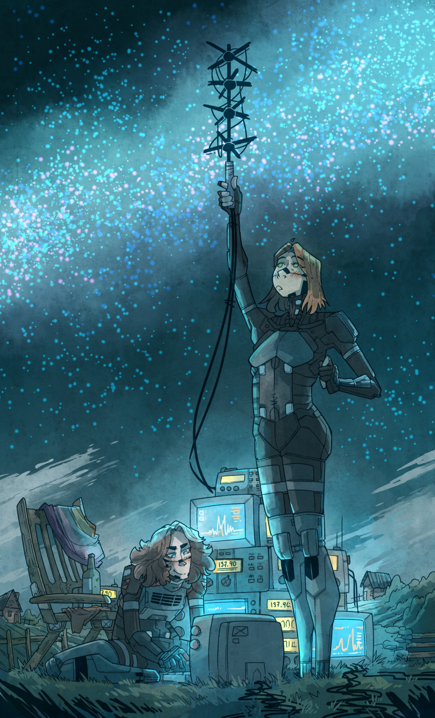 2girls, absurdres, antennae, armor, artsthelen, blue_sky, blush, breastplate