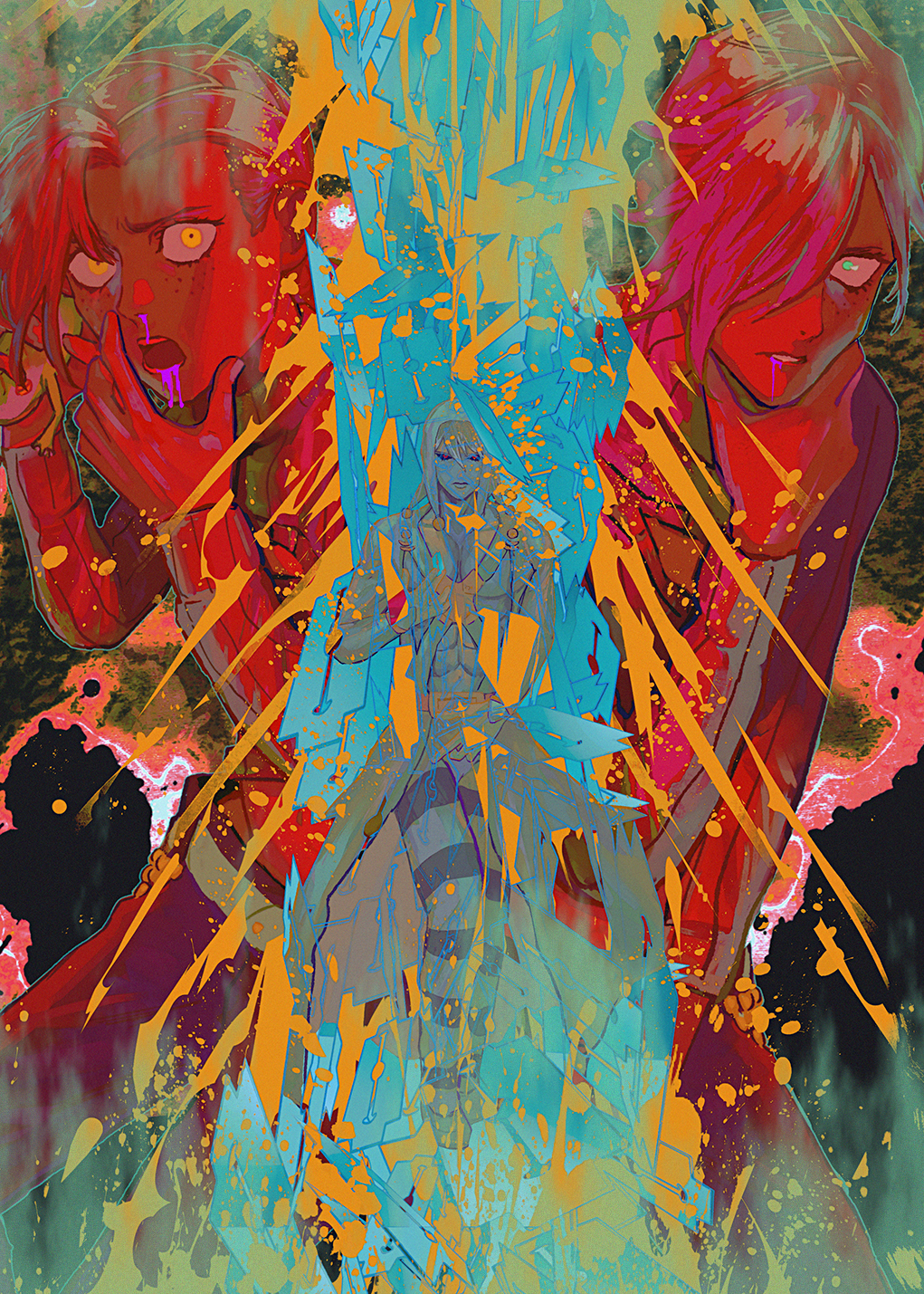 3boys, black_sclera, blood, blood_from_mouth, colored_sclera, commentary, diavolo, freckles