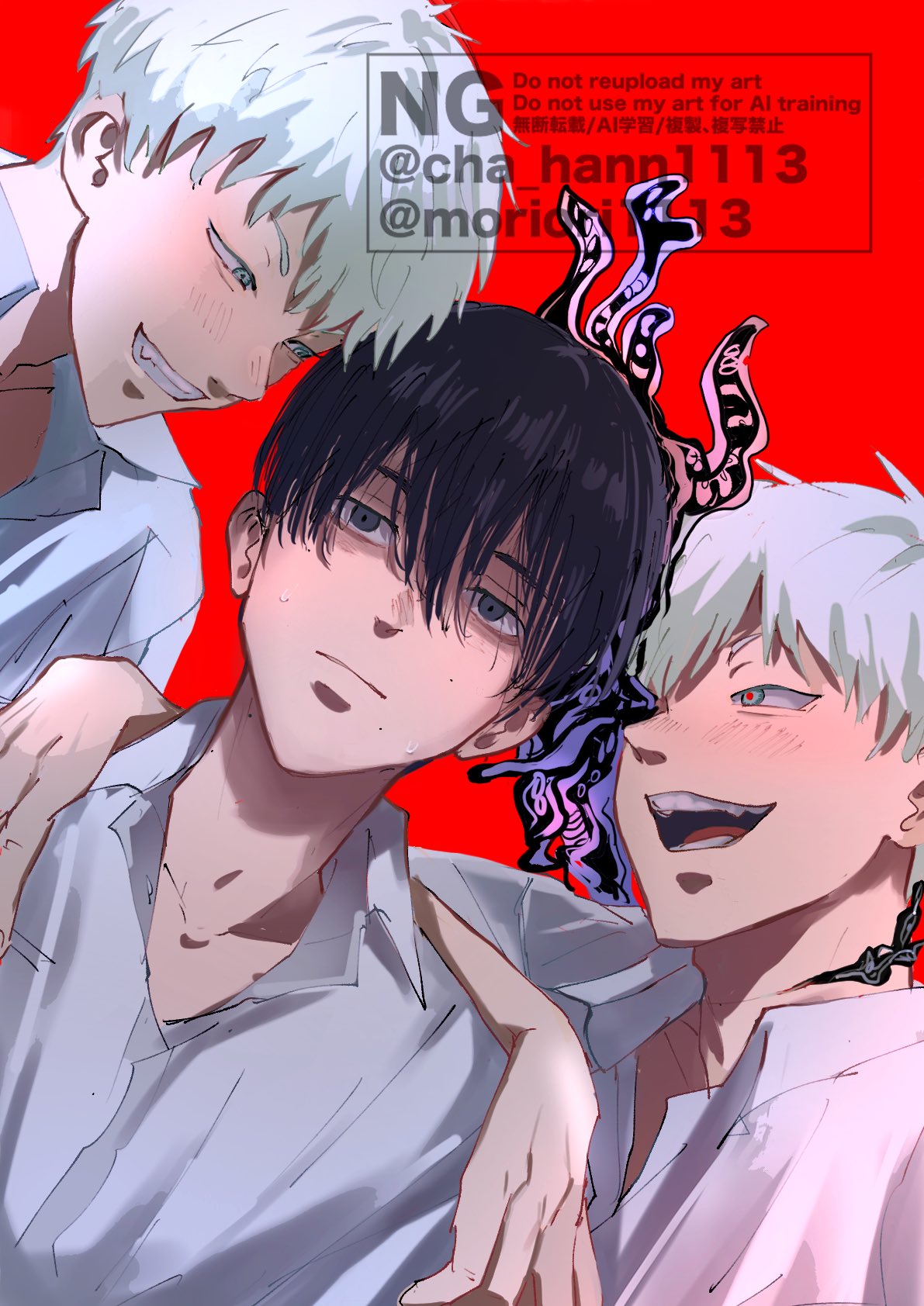 3boys, black_hair, blush, closed_mouth, collared_shirt, commentary_request, dual_persona, fang