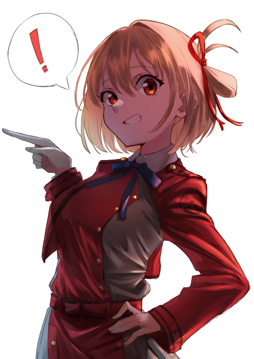 !, 1girl, :d, \||/, absurdres, belt, blonde_hair, buttons