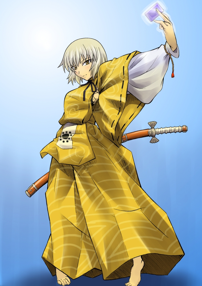 card, cosplay, elizabeth, elizabeth_(persona), feet, grey_hair, hakama, holding