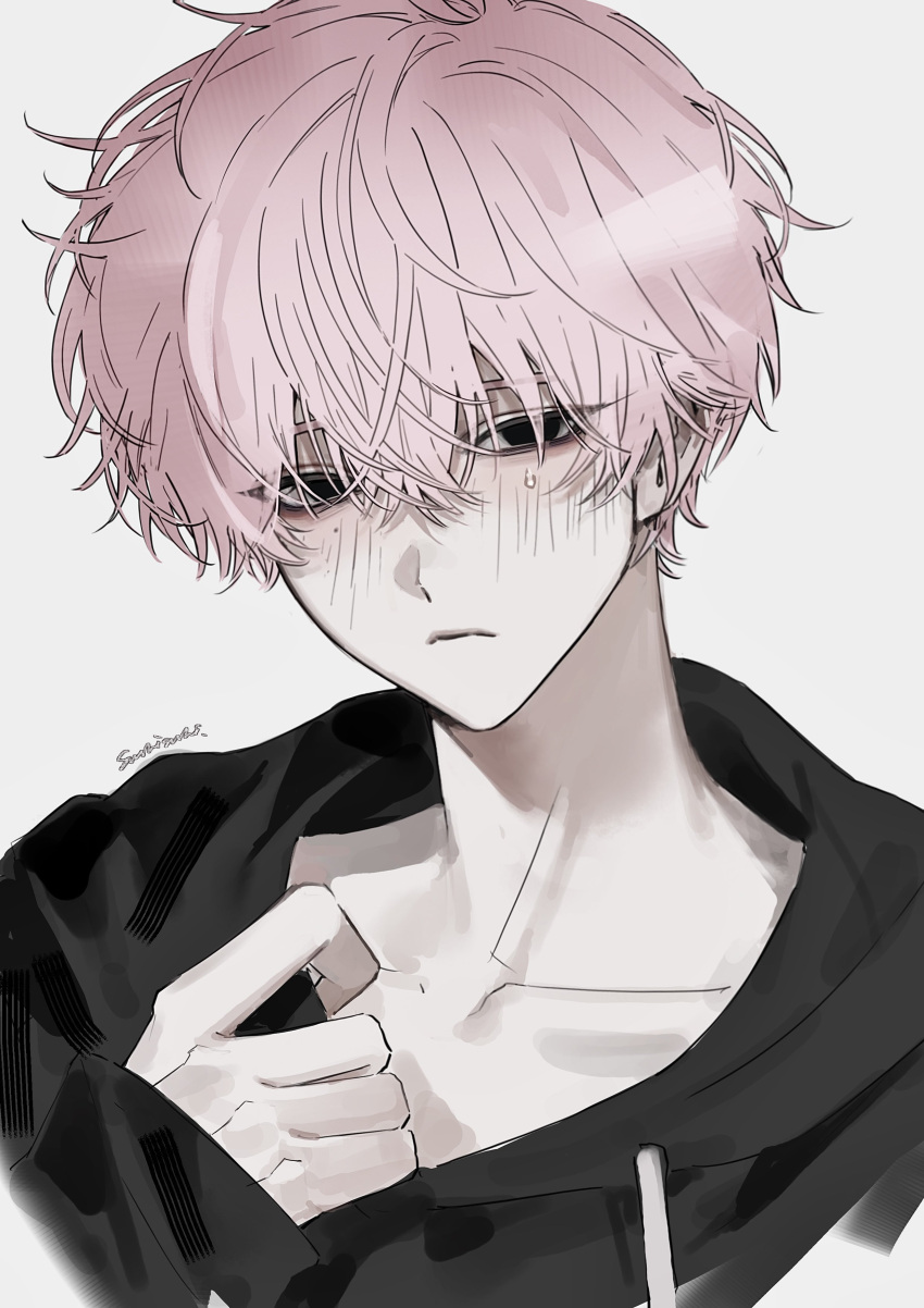 1boy, absurdres, black_eyes, black_hoodie, blush, closed_mouth, cropped_shoulders, empty_eyes