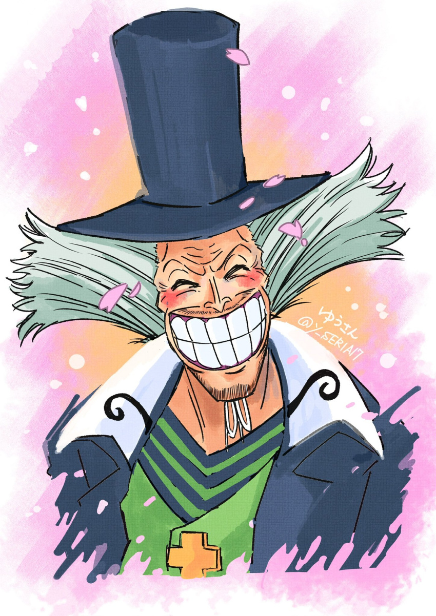 1boy, ^_^, black_hat, blush, clenched_teeth, closed_eyes, coat, commentary_request