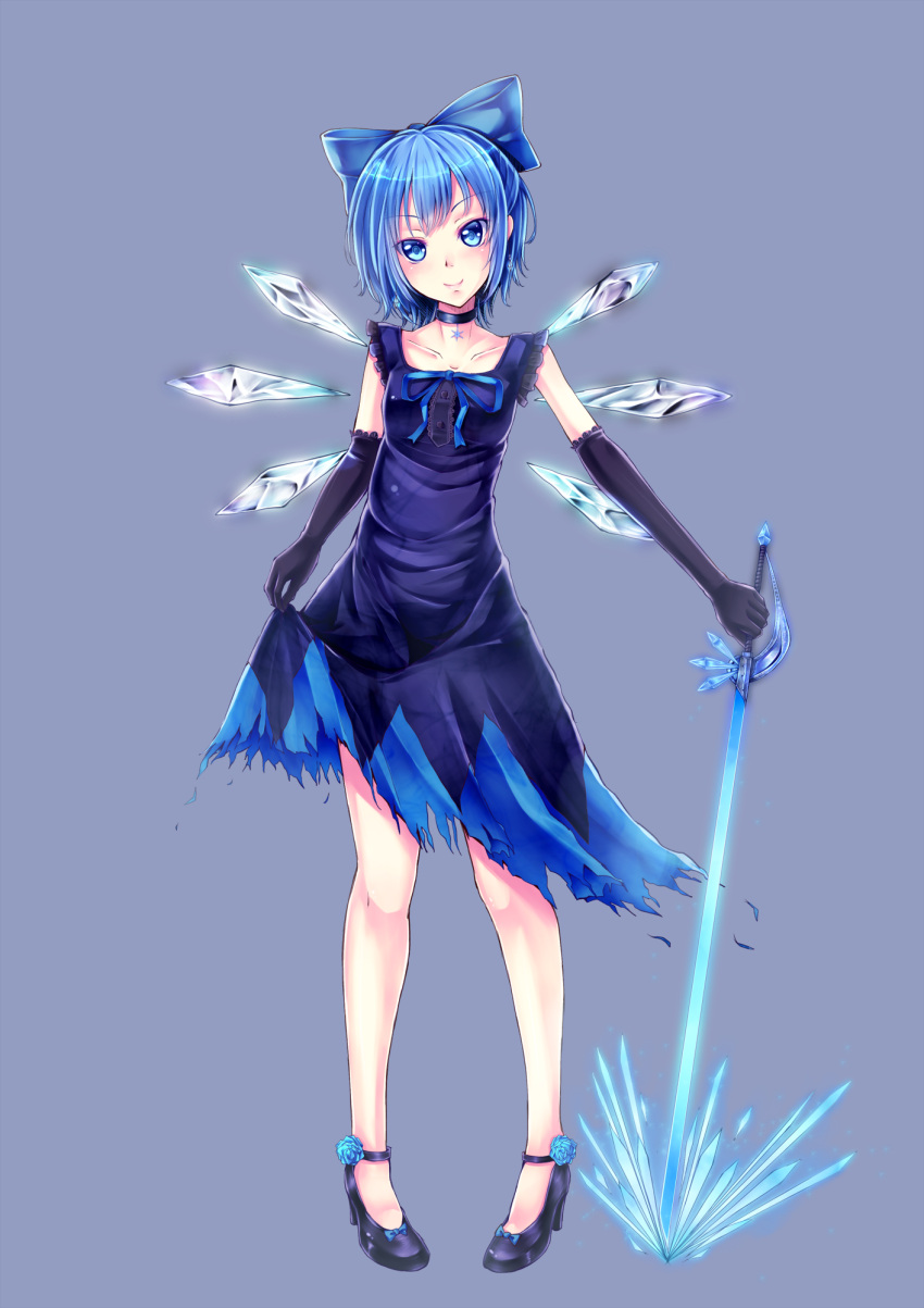 alternate_costume, blue_dress, blue_eyes, blue_hair, bow, choker, cirno, collarbone