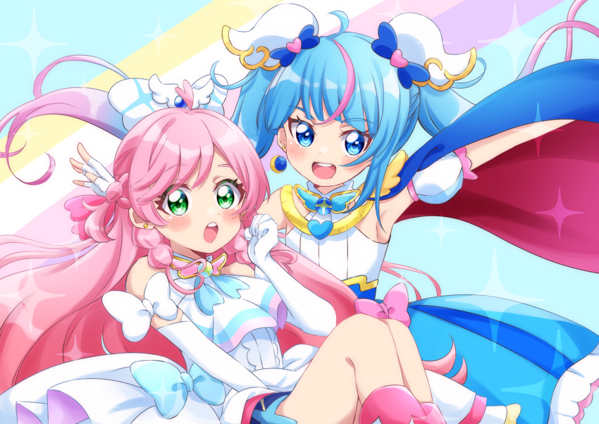 2girls, absurdres, arm_up, ascot, blue_bow, blue_cape, blue_dress, blue_eyes