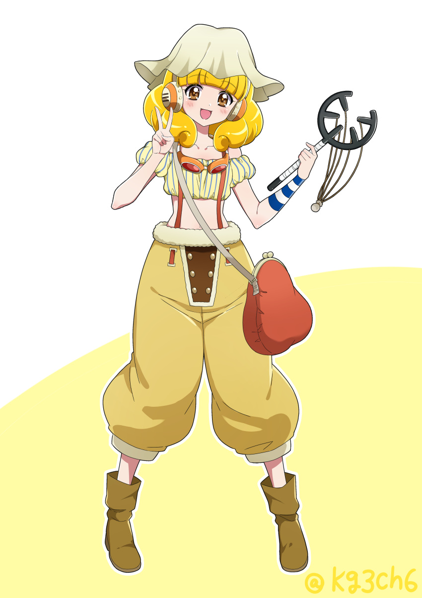 1girl, absurdres, bag, blonde_hair, boots, brown_boots, brown_eyes, capri_pants