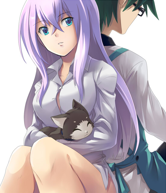 apron, blose, blue_eyes, cardfight!!_vanguard, cat, glasses, green_hair, kouzu_shou, long_hair, purple_hair, sub_manager_(cardfight!!_vanguard), tokura_misaki
