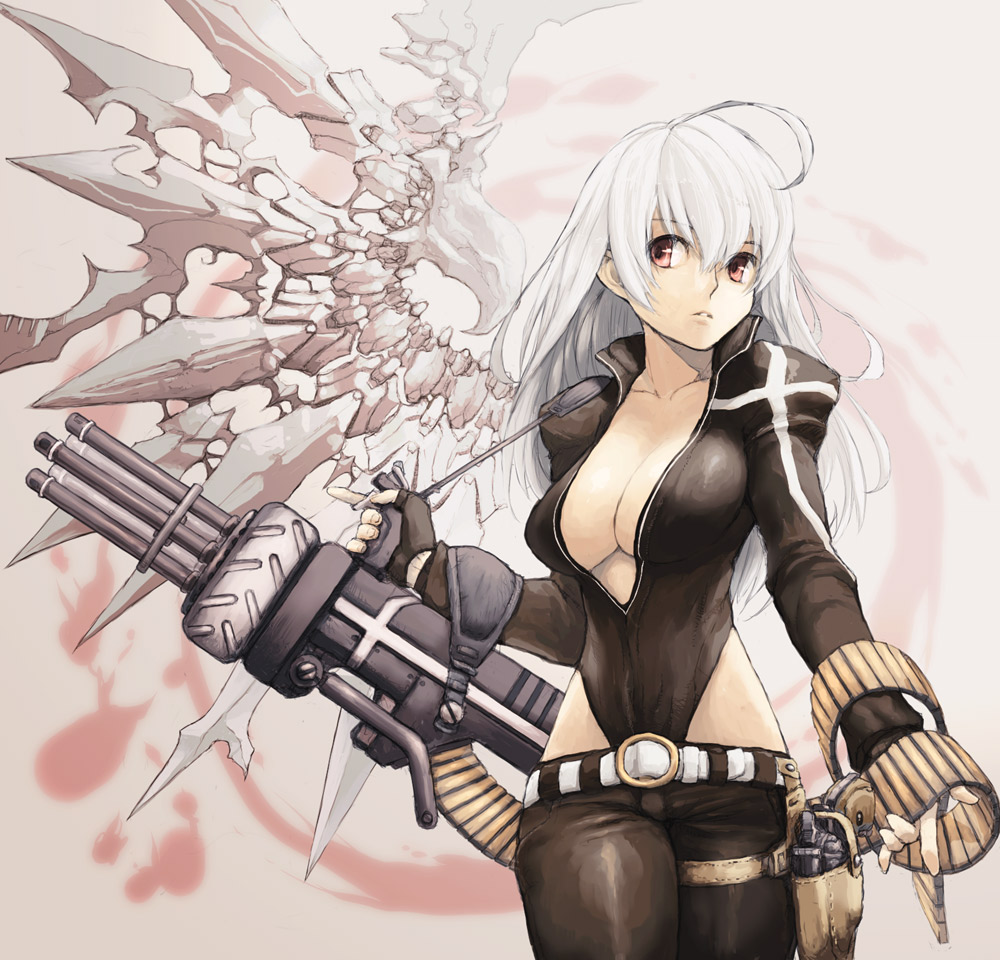 ammunition_belt, breasts, cleavage, gatling_gun, gun, handgun, holster, long_hair