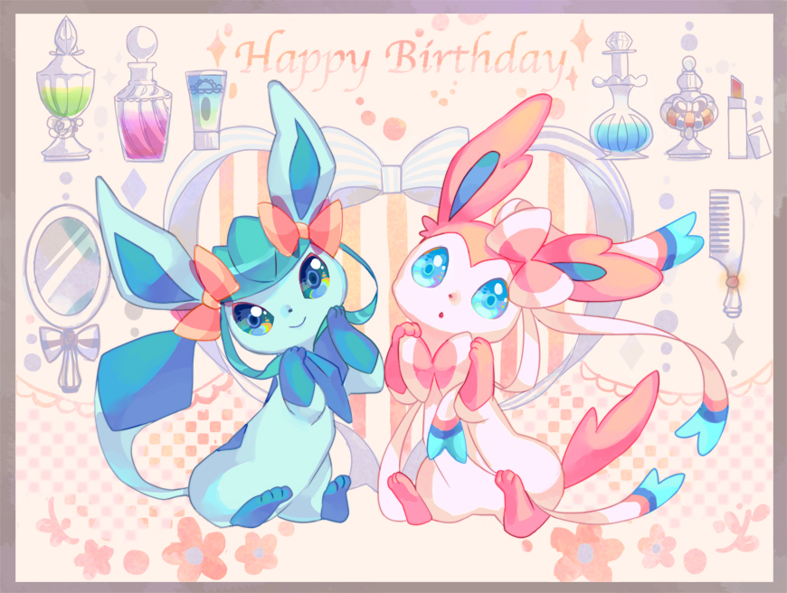 :o, blue_eyes, bottle, bow, comb, commentary_request, flower, glaceon