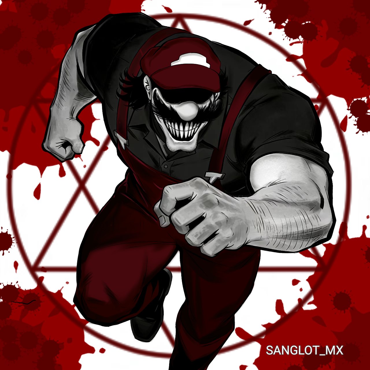 1boy, artist_name, black_hair, black_shirt, blood, colored_skin, commentary, english_commentary