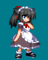 1girl, animal_ears, beast_city_pixiv, black_hair, black_shoes, blue_background, commentary_request, full_body, green_eyes, long_hair, lowres, maid, pixel_art, ponytail, shoes, short_sleeves, simple_background, smxcw-0t93u_fmdf, socks, solo, standing, white_socks