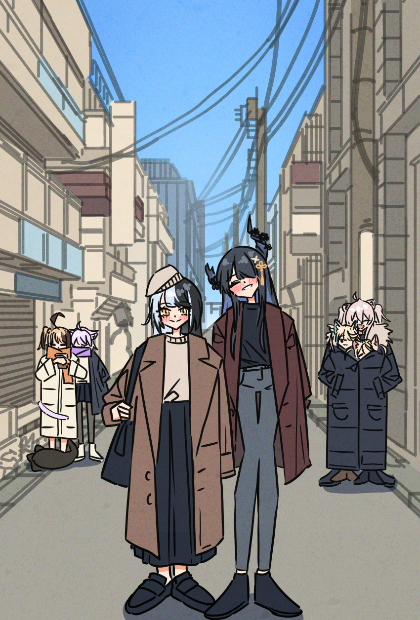 6+girls, absurdres, ahoge, alley, alternate_costume, animal_ears, asymmetrical_horns, bag