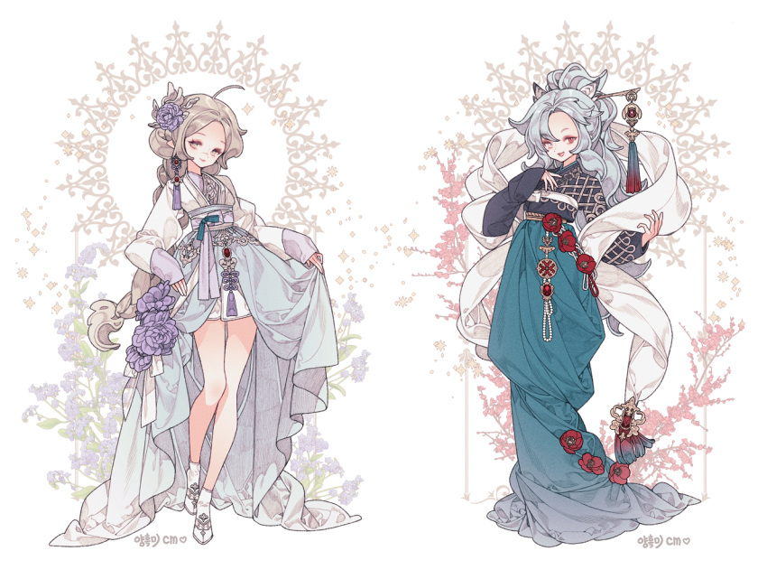 1girl, art_nouveau, bow, braid, brown_hair, chinese_peony, collage, commentary