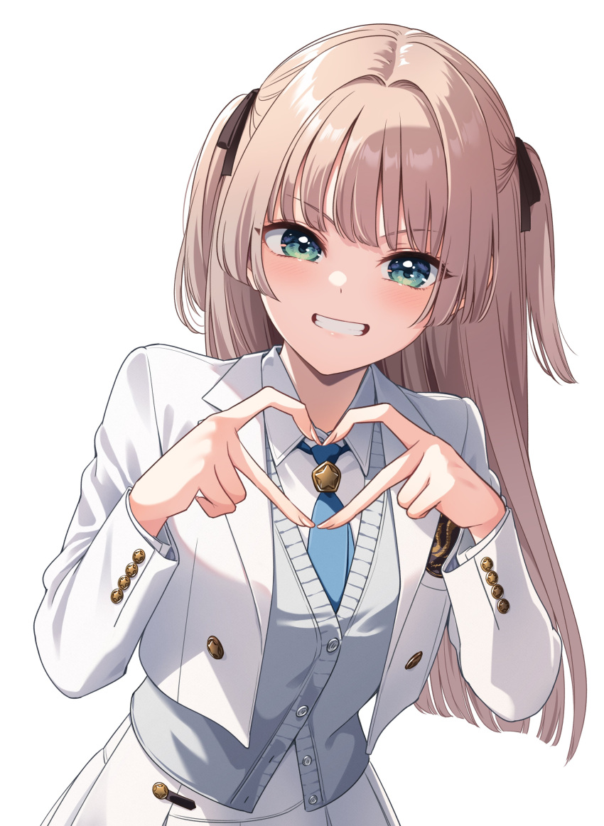 1girl, absurdres, blonde_hair, blue_necktie, bow, breasts, brown_hair, buttons, commentary_request, fingernails, green_eyes, grey_sweater_vest, grin, hair_bow, hair_intakes, heart, heart_hands, highres, idol_x_idol_story!, jacket, long_hair, long_sleeves, looking_at_viewer, mixed-language_commentary, necktie, open_clothes, open_jacket, school_emblem, school_uniform, senba_ritsu, shirt, simple_background, skirt, small_breasts, smile, solo, straight_hair, sweater_vest, tokunou_shoutarou, two_side_up, upper_body, white_background, white_jacket, white_shirt, white_skirt