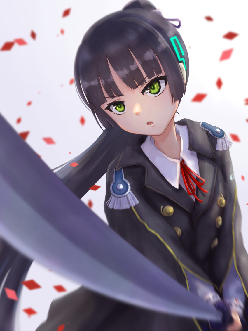 1girl, absurdres, black_hair, commentary_request, green_eyes, heaven_burns_red, highres, holding