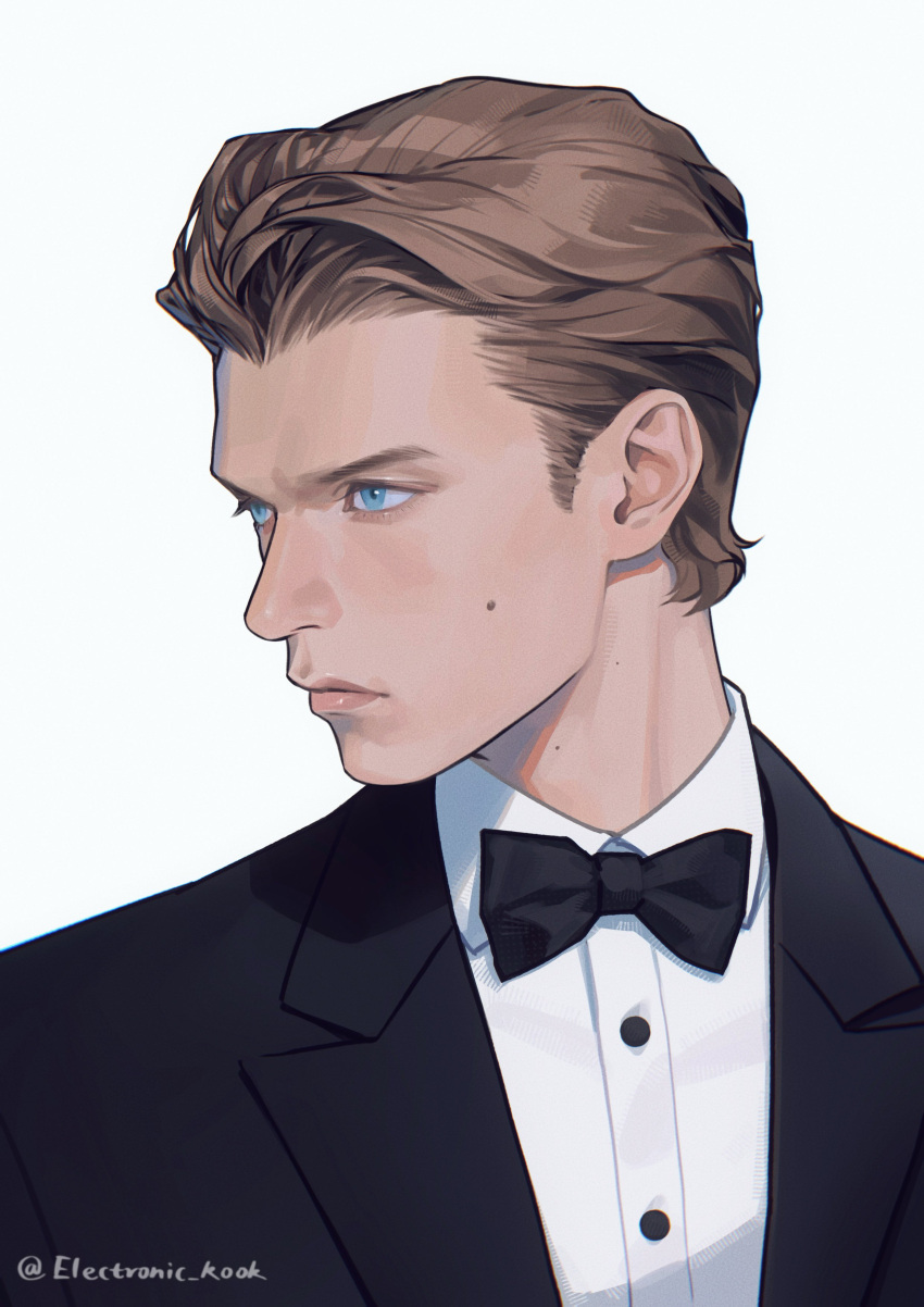 1boy, absurdres, black_bow, black_bowtie, blue_eyes, bow, bowtie, brown_hair, closed_mouth, collared_shirt, electronic_kook, hashtag-only_commentary, heated_rivalry, highres, ilya_rozanov, jacket, lapels, male_focus, medium_sideburns, notched_lapels, open_clothes, open_jacket, parted_hair, portrait, shirt, short_hair, sideburns, simple_background, solo, suit_jacket, twitter_username, white_background, white_shirt, wing_collar