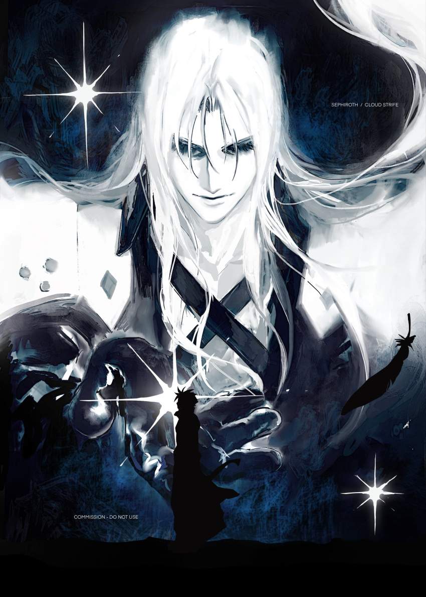 2boys, absurdres, armor, closed_mouth, cloud_strife, coat, collarbone, collared_coat