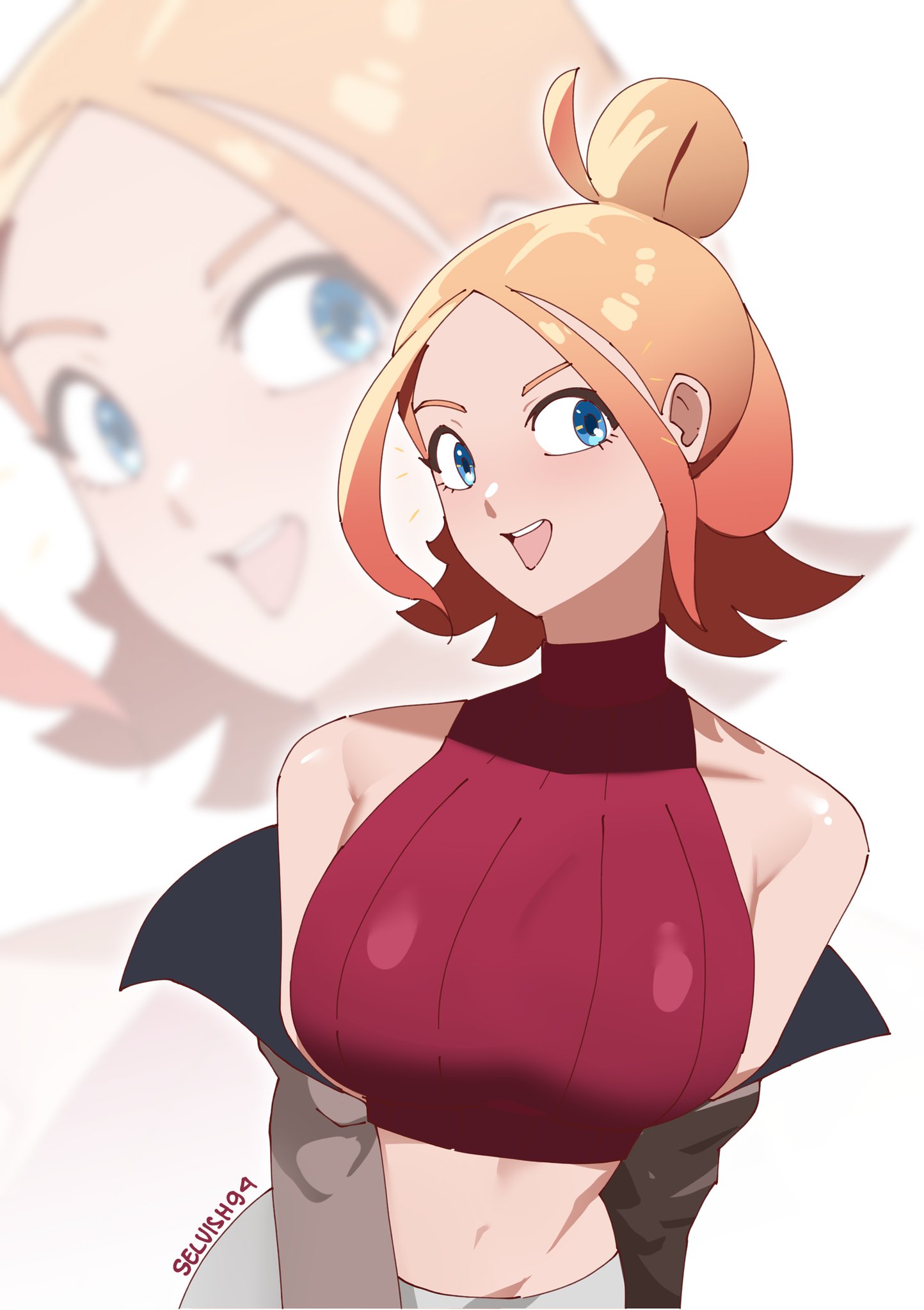 1girl, artist_name, bare_shoulders, blue_eyes, breasts, hair_bun, highres, multicolored_hair