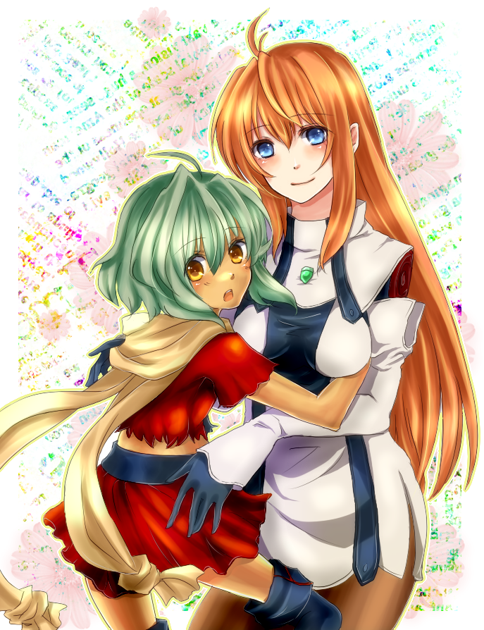 age_difference, blue_eyes, blush, boots, dark_skin, elbow_gloves, elhaym_van_houten, emeralda_kasim, gloves, green_hair, hug, long_hair, midriff, mother_and_daughter, orange_hair, pantyhose, scarf, shino_haruto, shirt, short_hair, skirt, smile, thigh-highs, thigh_boots, thighhighs, torn_clothes, torn_shirt, xenogears, yellow_eyes