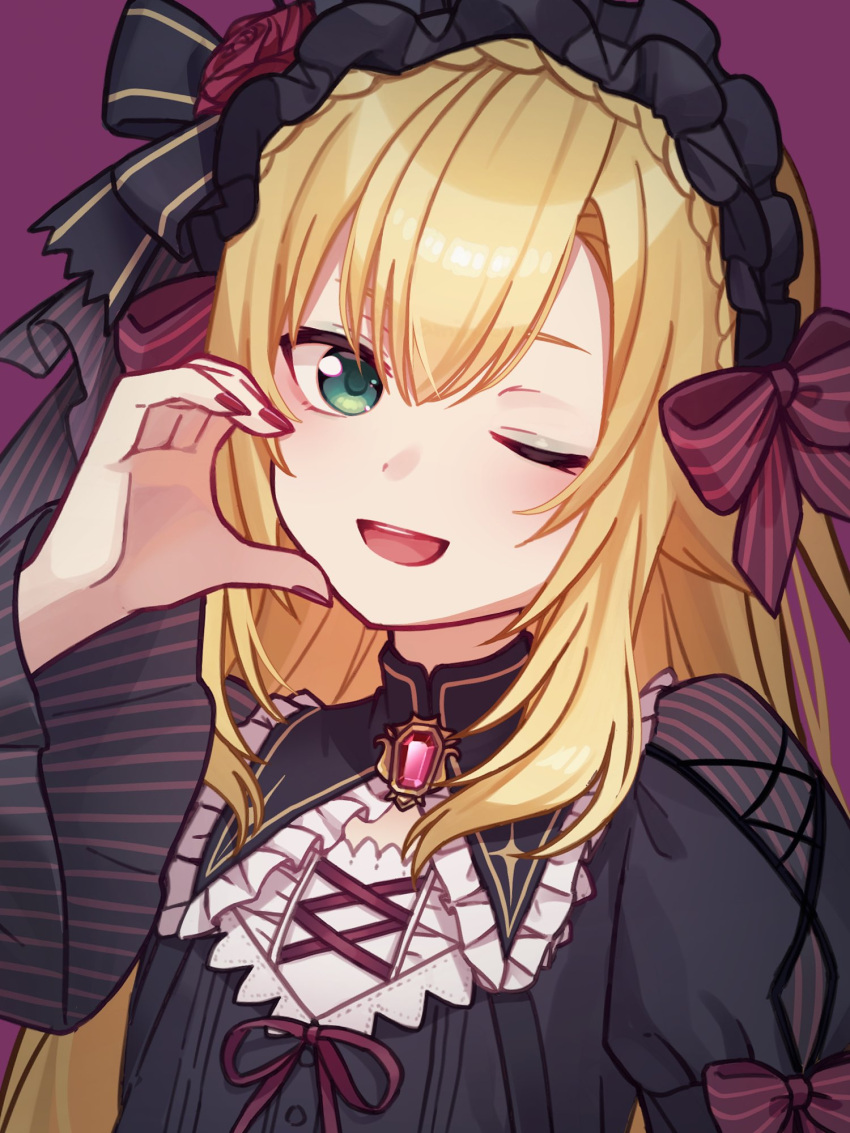 1boy, black_dress, black_hairband, blonde_hair, bow, commentary, crossdressing, crossdressing_(mtf), double-parted_bangs, dress, fingernails, frilled_hairband, frills, gothic_lolita, green_eyes, hair_bow, hairband, half-heart_hands, hand_up, highres, lolita_fashion, long_hair, long_sleeves, looking_at_viewer, male_focus, nail_polish, namin_(namin_star), nijisanji, one_eye_closed, open_mouth, purple_background, purple_bow, red_nails, simple_background, smile, solo, trap, upper_body, uzuki_kou, uzuki_kou_(4th_costume), virtual_youtuber, wide_sleeves
