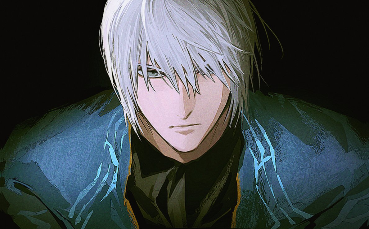 1boy, black_background, black_shirt, blue_eyes, blue_jacket, closed_mouth, commentary_request, devil_may_cry_(series), devil_may_cry_3, jacket, korean_commentary, looking_at_viewer, male_focus, open_clothes, open_jacket, psomuq, shirt, simple_background, solo, upper_body, vergil_(devil_may_cry), white_hair