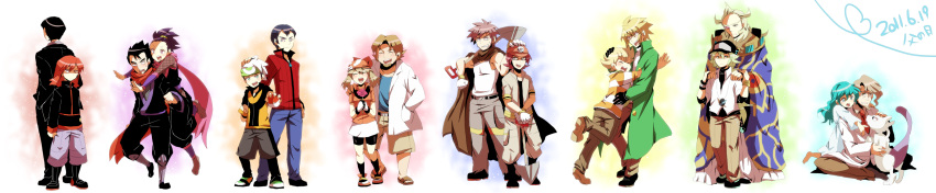 3girls, 6+boys, akasata, alternate_costume, amber_(pokemon), ambertwo_(pokemon), back-to-back, barry_(pokemon), blush, brendan_(pokemon), byron_(pokemon), commentary_request, dated, facial_hair, family_bonding, father_and_daughter, father_and_son, flower, fuji_(pokemon), ghetsis_(pokemon), giovanni_(pokemon), glasses, goatee, hat, highres, holding, holding_flower, holding_poke_ball, janine_(pokemon), koga_(pokemon), may_(pokemon), mewtwo, multiple_boys, multiple_girls, n_(pokemon), ninja, norman_(pokemon), palmer_(pokemon), poke_ball, poke_ball_(basic), pokemon, pokemon:_the_first_movie_-_mewtwo_strikes_back, pokemon_(anime), pokemon_(classic_anime), pokemon_(creature), pokemon_adventures, pokemon_bw, pokemon_dppt, pokemon_emerald, pokemon_gsc, pokemon_platinum, pokemon_rse, professor_birch, roark_(pokemon), rose, scarf, shorts, shovel, silver_(pokemon), skirt, sweatdrop, white_background, wide_image, winter_clothes