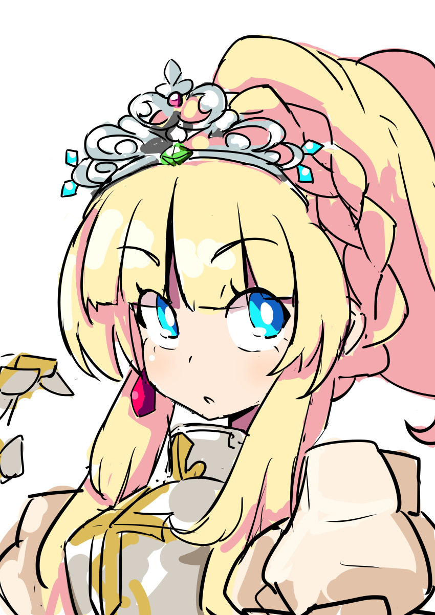 1girl, absurdres, armor, armored_dress, blonde_hair, blue_eyes, breastplate, dress, gauntlets, highres, long_hair, misomaru, ponytail, portrait, princess, puffy_short_sleeves, puffy_sleeves, sekaiju_no_meikyuu, sekaiju_no_meikyuu_3, short_sleeves, sovereign_(sekaiju), sovereign_2_(sekaiju), tiara