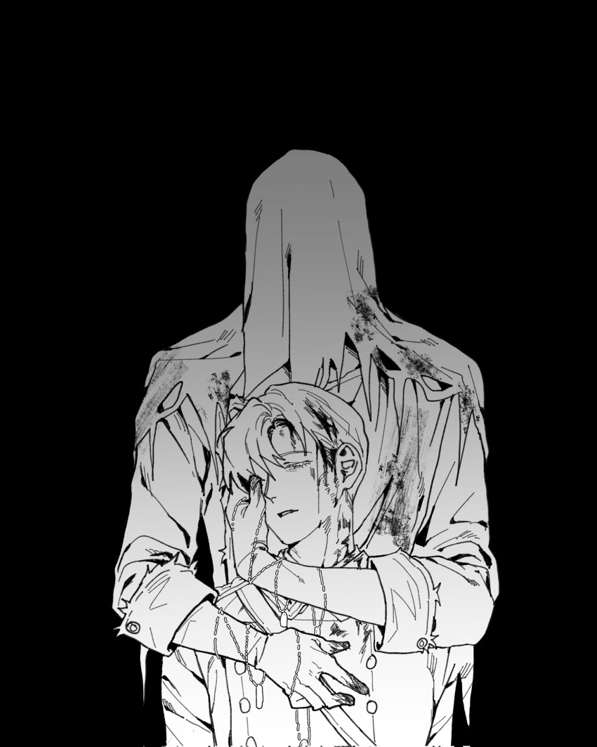 2boys, black_background, charon_(reverse:1999), closed_eyes, coat, commentary_request, covered_face, dirty