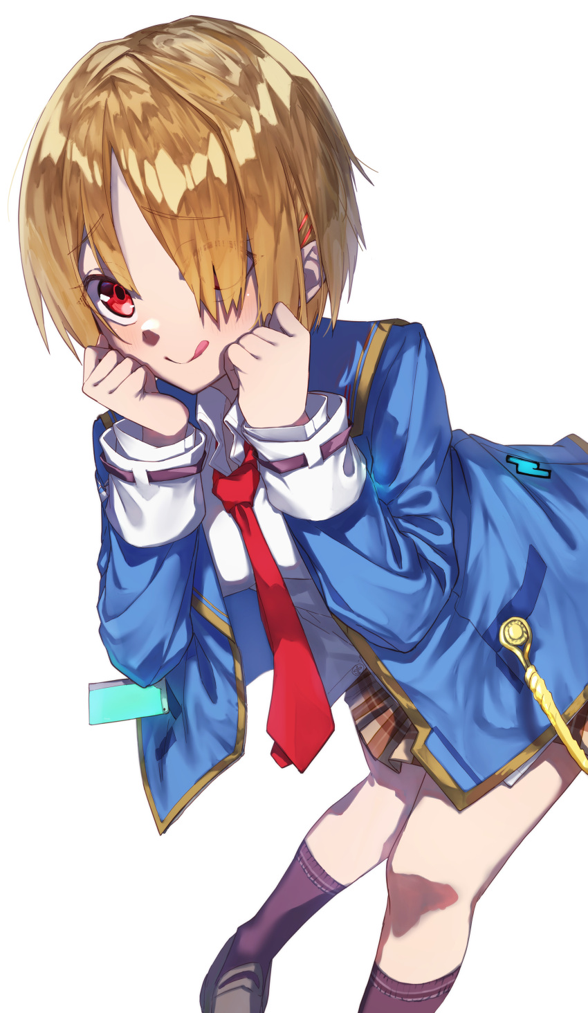 1girl, :q, absurdres, black_shoes, black_socks, blonde_hair, blue_jacket, blush