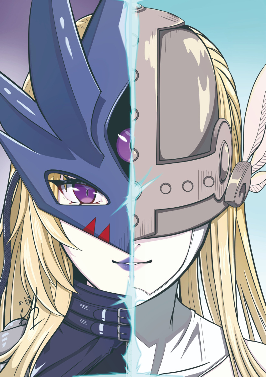 2girls, absurdres, angewomon, beelstarmon, blonde_hair, blue_background, close-up, commentary_request