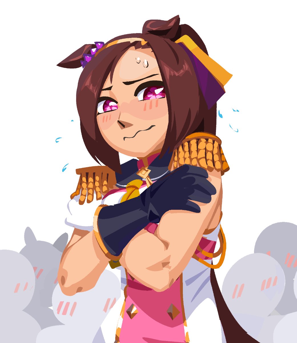 1girl, animal_ears, asymmetrical_gloves, bakushin_o_armpit_gif_(meme), black_gloves, blush, breasts, brown_hair