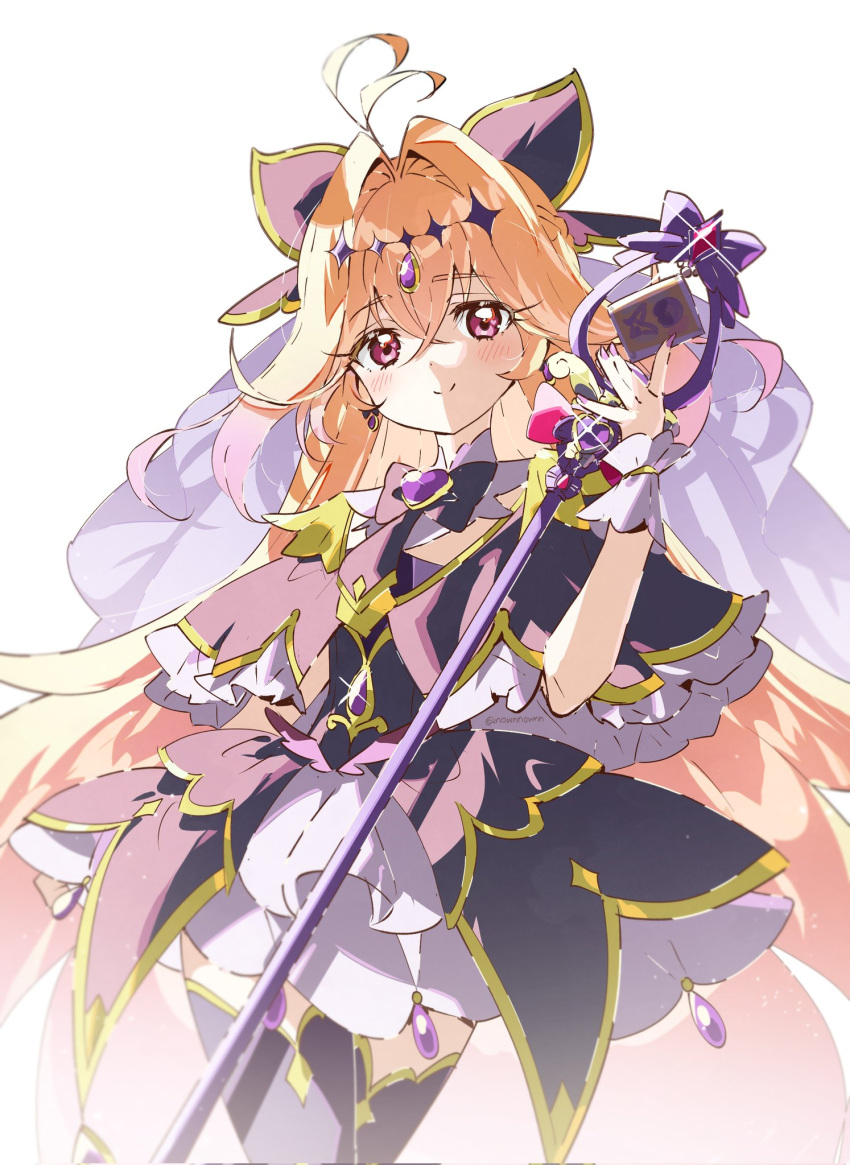 1girl, antenna_hair, black_capelet, black_dress, blonde_hair, capelet, commentary_request, cure_arcana_shadow