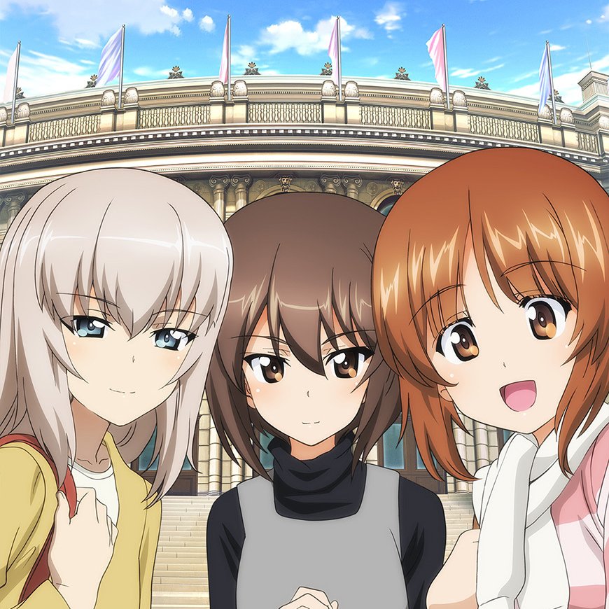 3girls, alternate_costume, black_shirt, blue_eyes, blue_sky, brown_eyes, brown_hair, clouds