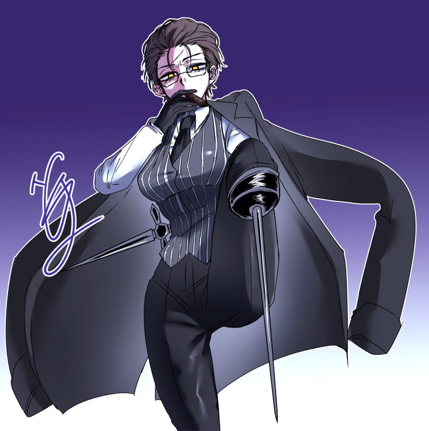 1boy, black_gloves, black_jacket, black_necktie, brown_hair, cigar, commentary_request, foot_out_of_frame