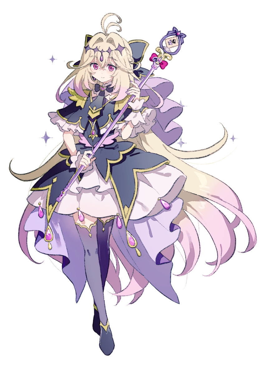 1girl, antenna_hair, black_dress, blonde_hair, bow, bowtie, capelet, closed_mouth