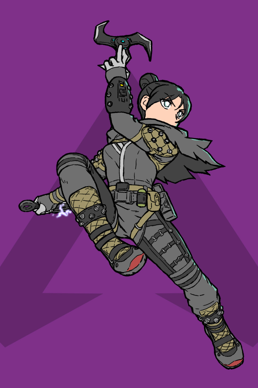 1girl, apex_legends, belt, belt_pouch, black_hair, boots, bracer, capelet
