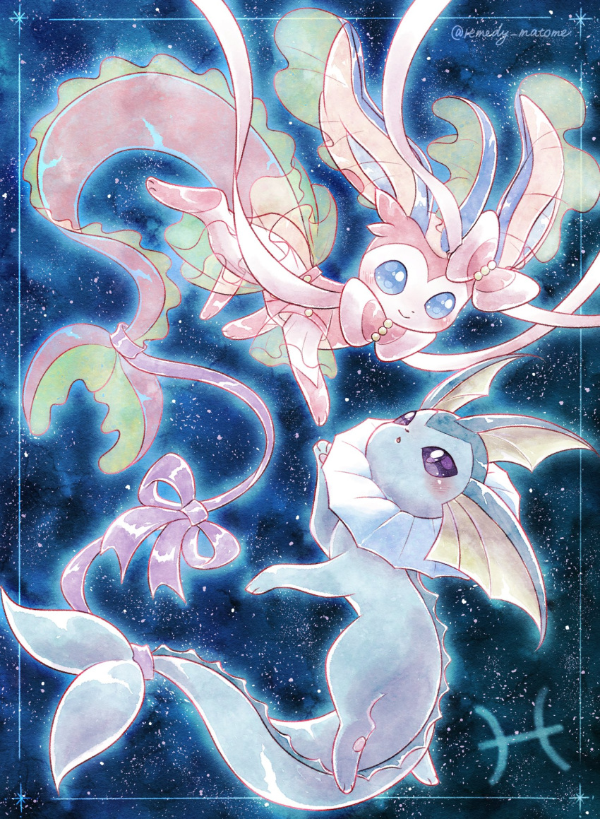 animal_focus, blue_background, blue_eyes, blush, commentary, fins, frills, gem