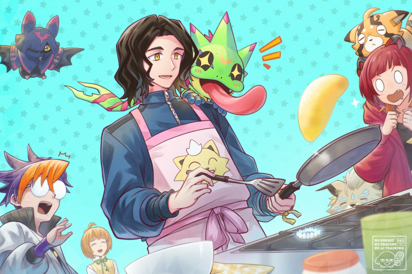 1girl, 3boys, animal_on_shoulder, apron, bat_(animal), black_hair, blonde_hair, blue_background