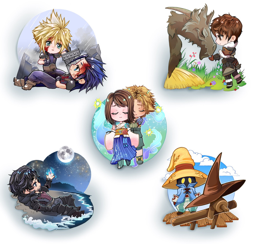 1girl, 6+boys, amaro_(ff14), aqua_eyes, ardbert_hylfyst, armor, bare_shoulders, beach