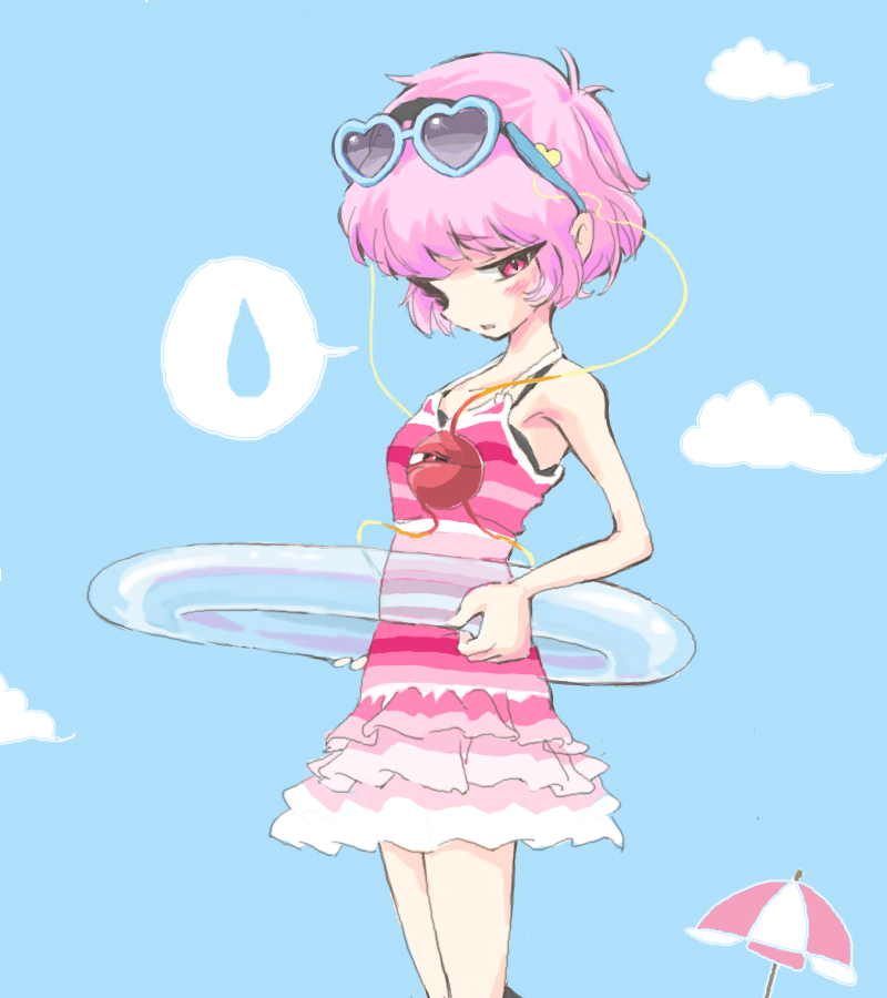 beach_umbrella, blue-framed_glasses, blush, casual_one-piece_swimsuit, eyeball, frills, gathers, hairband