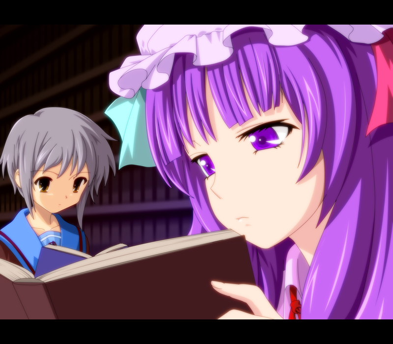 book, brown_eyes, crossover, hat, j-unit_(lilykiss), long_hair, multiple_girls, nagato_yuki
