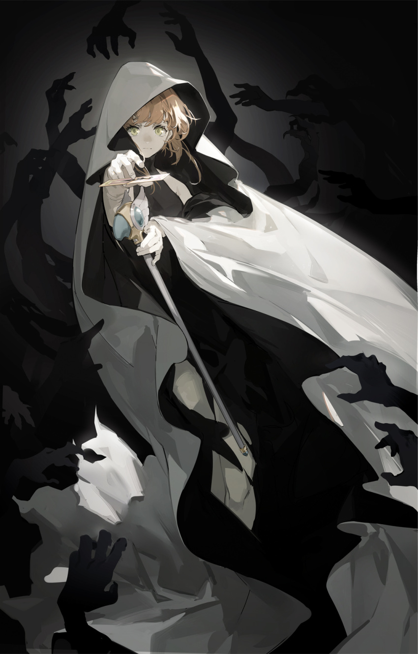 1girl, alternate_costume, black_background, black_dress, brown_hair, card, cardcaptor_sakura, cloak