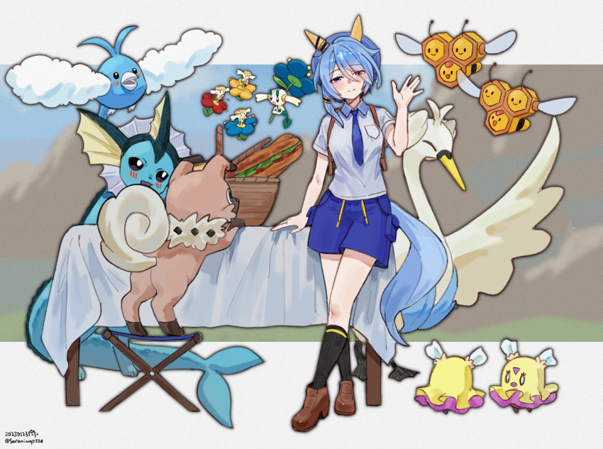 1girl, animal_ears, backpack, bag, beak, bee, bird, blue_eyes