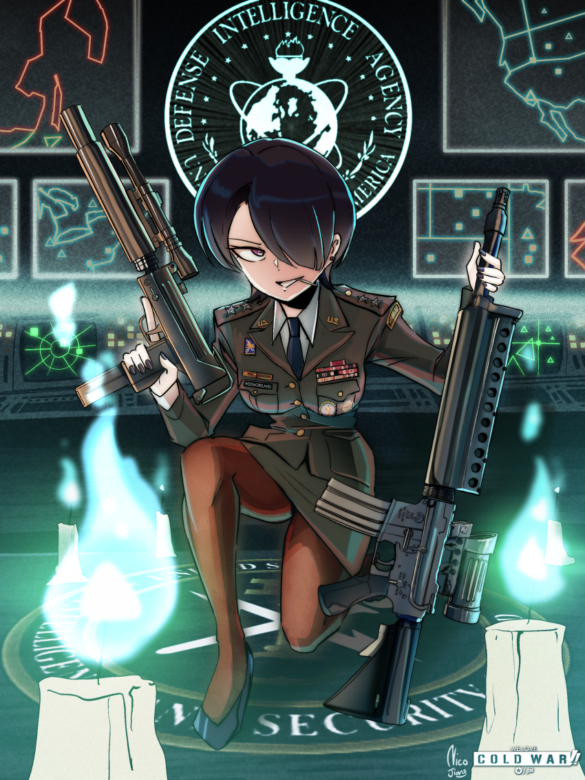 1girl, absurdres, black_hair, black_nails, black_necktie, black_shoes, breasts, brown_eyes