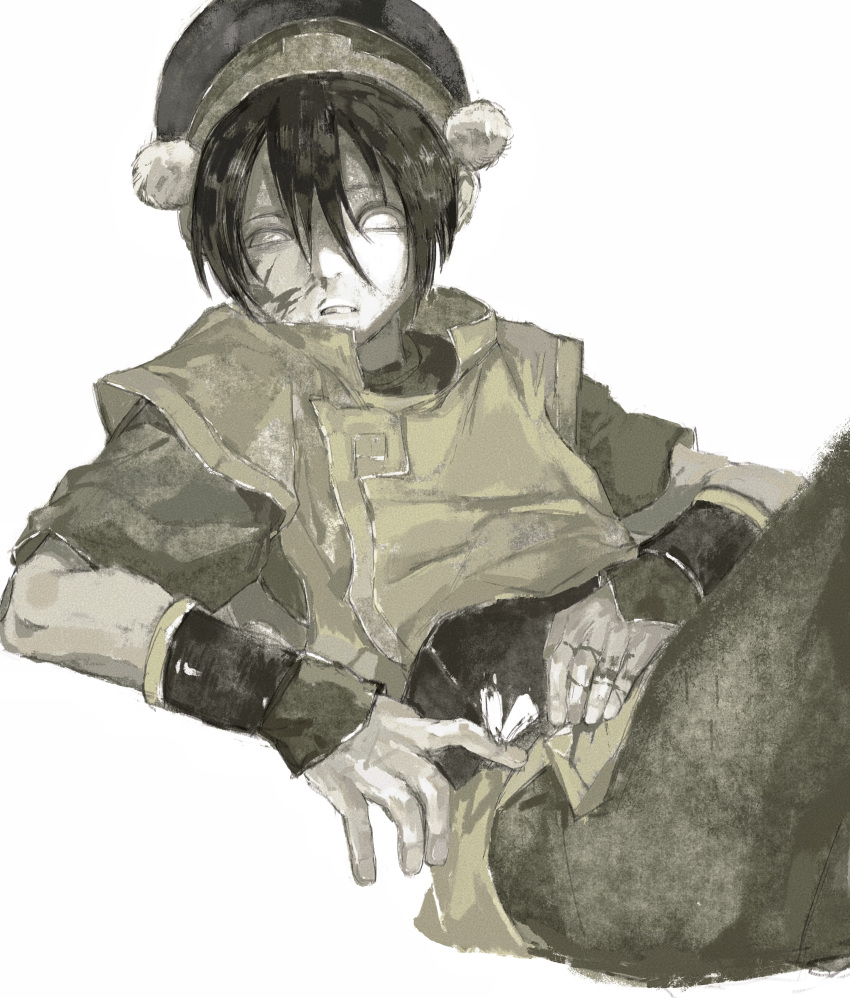 1girl, absurdres, avatar:_the_last_airbender, avatar_legends, black_hair, blind, blood, blood_on_face, blood_on_hands, bug, butterfly, commentary_request, hairband, highres, leizi_(vgpm7245), short_hair, solo, toph_beifong