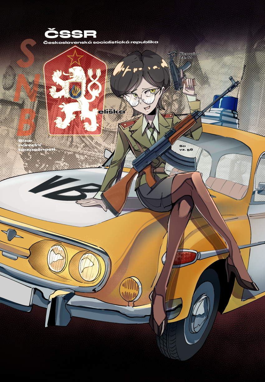 1girl, absurdres, arm_up, assault_rifle, belt, black_shirt, black_shoes, brown_belt