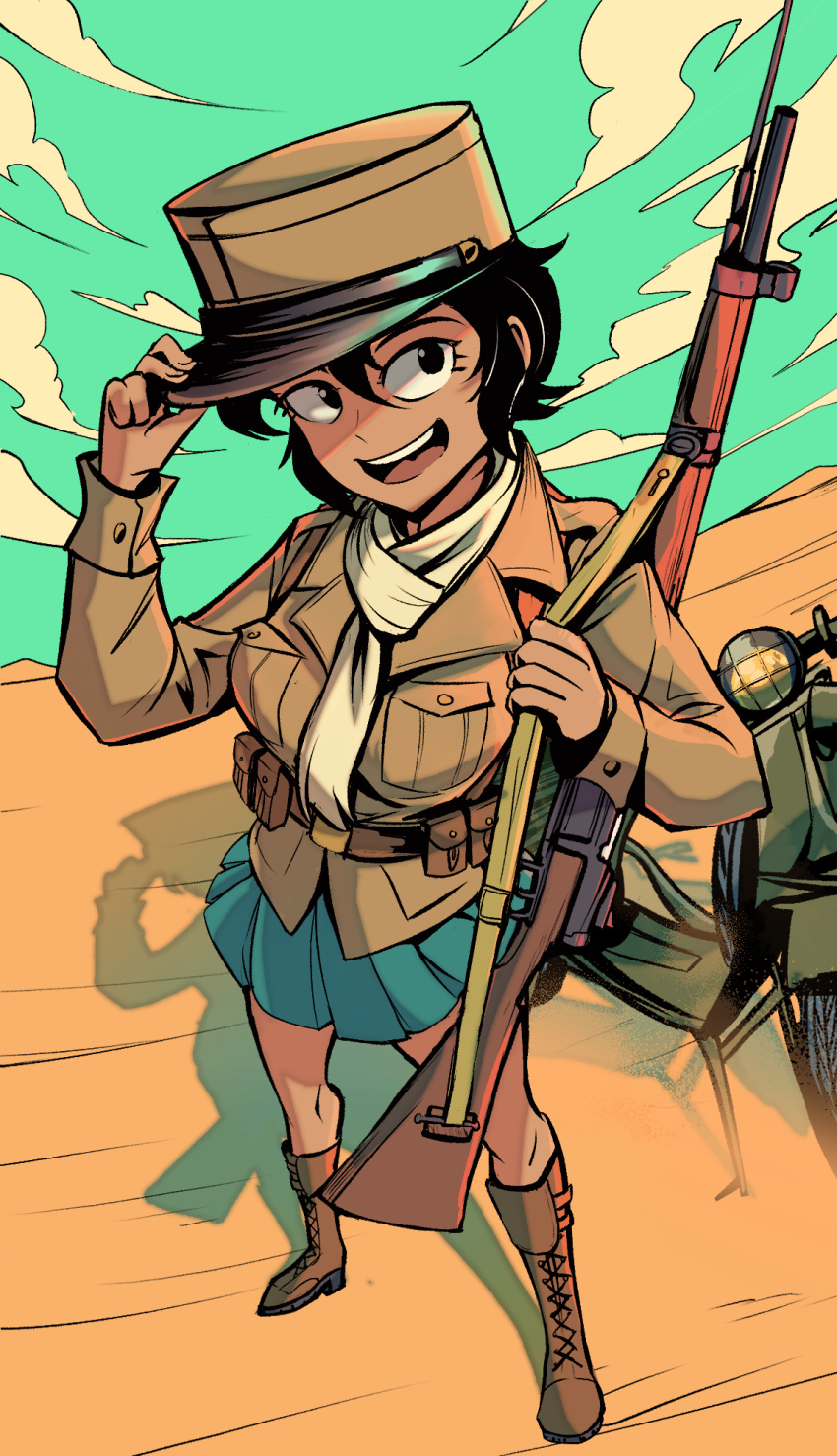 1girl, black_hair, blue_skirt, bolt_action, boots, brown_jacket, dark-skinned_female, dark_skin