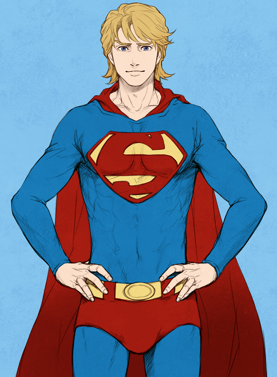blonde_hair, blue_eyes, cape, cosplay, dc_comics, hands_on_hips, keith_goodman, male