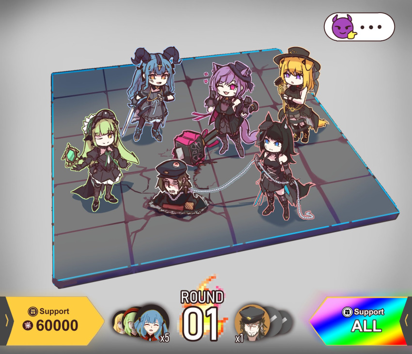 1boy, 5girls, @_@, animal_ears, arknights, astrograph21, asymmetrical_gloves, ave_mujica_(bang_dream!)