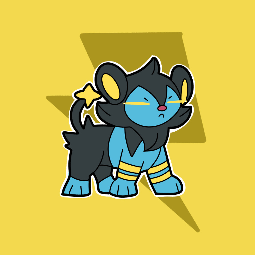 black_fur, blue_fur, chibi, dailydoofypokemon, highres, looking_at_viewer, luxio, no_humans, outline, pokemon, pokemon_(creature), solo, tail, two-tone_fur, white_outline, yellow_background, yellow_eyes